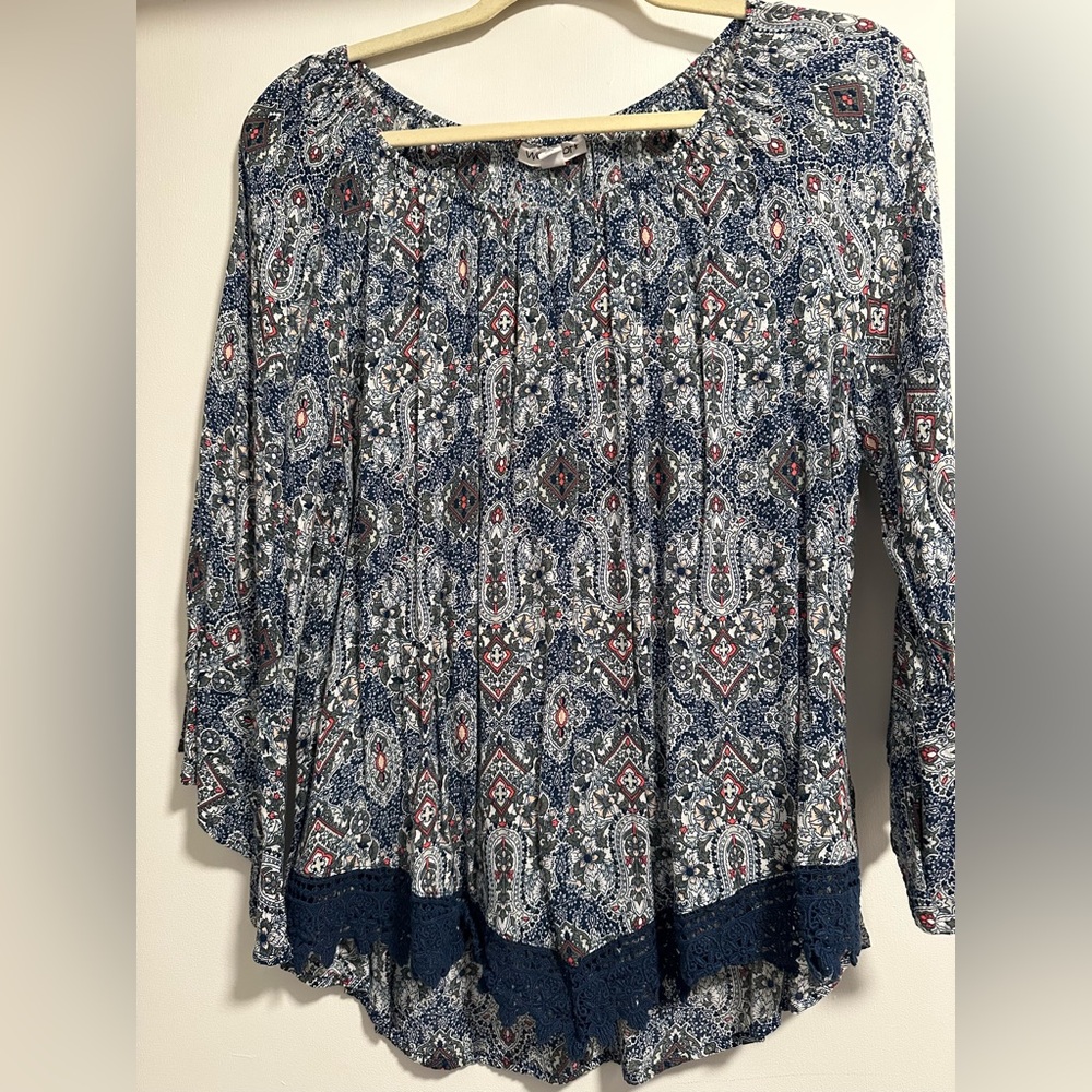 Paisley Print Top with Lace Trim